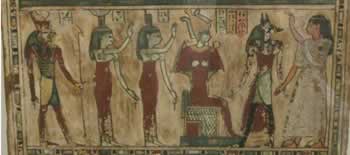 Stele egizia in cui è raffigurato il defunto accompagnato da Anubi al cospetto di Osiride